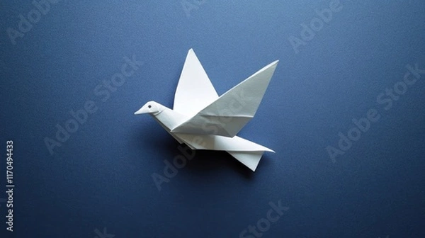 Fototapeta Elegant white origami bird soaring against a deep blue background, symbolizing peace and creativity in art.