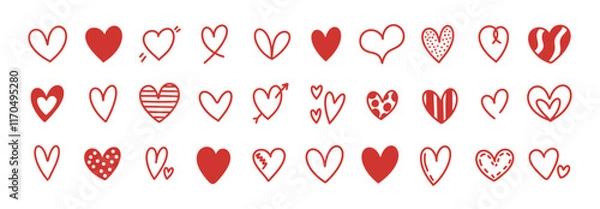 Fototapeta Doodle hearts sketch set. Various different hand drawn heart icon love collection isolated on white background. Red heart symbol for Valentines Day.