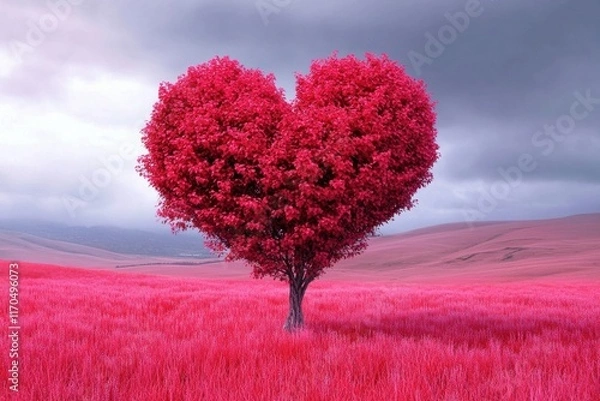 Obraz Celebrate love this Valentine with a beautiful heart-shaped tree amidst a vibrant pink field, ideal for romance.