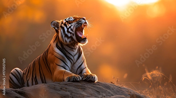 Obraz A tiger roaring on a rocky outcrop, with a golden sunset as the background, during an intense evening