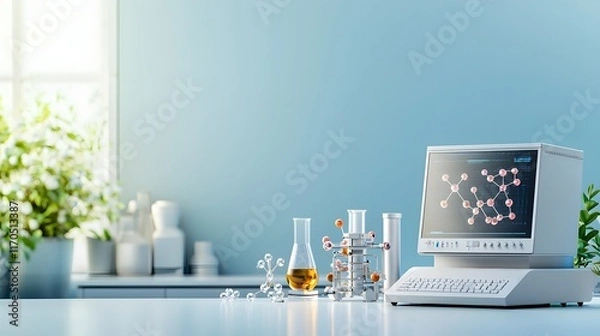Fototapeta Quantum computer connected to spectroscopic equipment analyzing molecular structures leaving copy space on the left  Advanced scientific technology