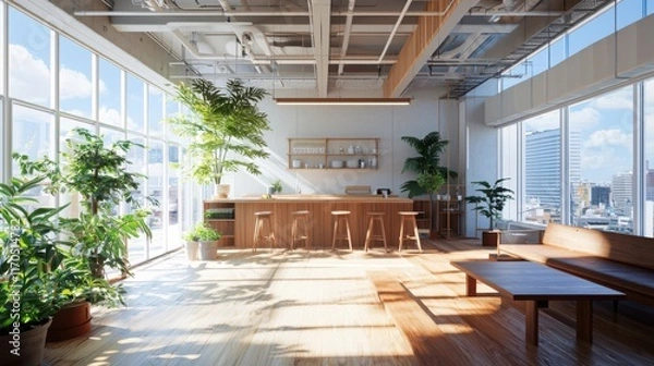 Fototapeta Inclusive office break room with virtual events global participation in online conferences bright and green workspace modern design community engagement