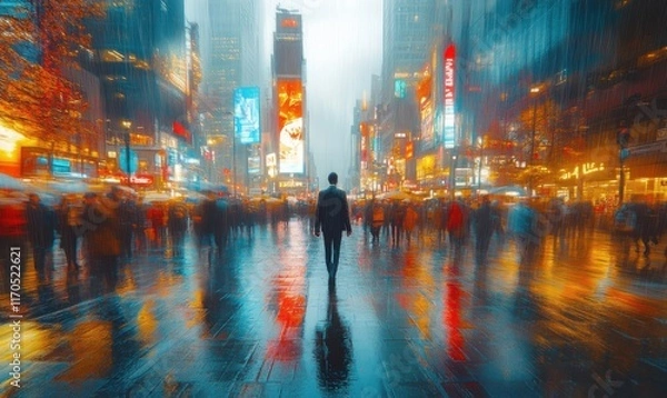 Fototapeta Busy evening in a vibrant city with blurred figures and reflections