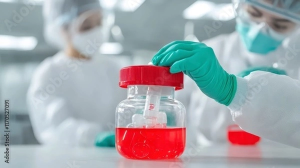 Fototapeta Scientist in sterile lab coat handling a red liquid sample in a glass jar during a scientific