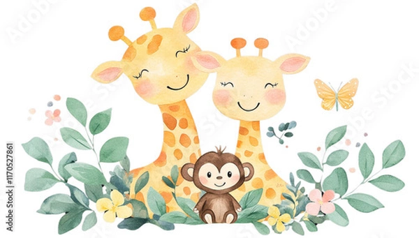 Fototapeta Two cute giraffes and monkey sit among colorful flowers and leaves, with butterfly fluttering nearby, creating cheerful and whimsical watercolor scene