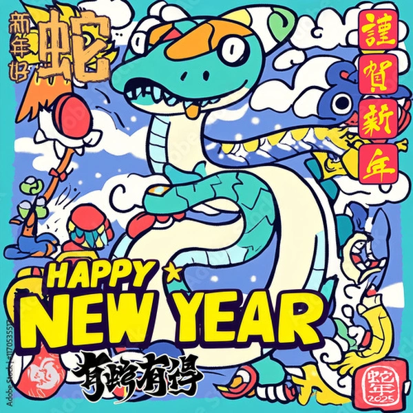 Fototapeta vibrant illustration celebrating Year of Snake 2025, featuring colorful snake intertwined with symbols of luck and prosperity, embodying global folklore and traditions