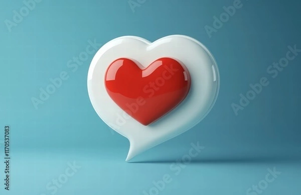 Fototapeta 3D realistic white message bubble with a red heart on a blue background. love concept for a social media post or banner template design for Valentine's Day.