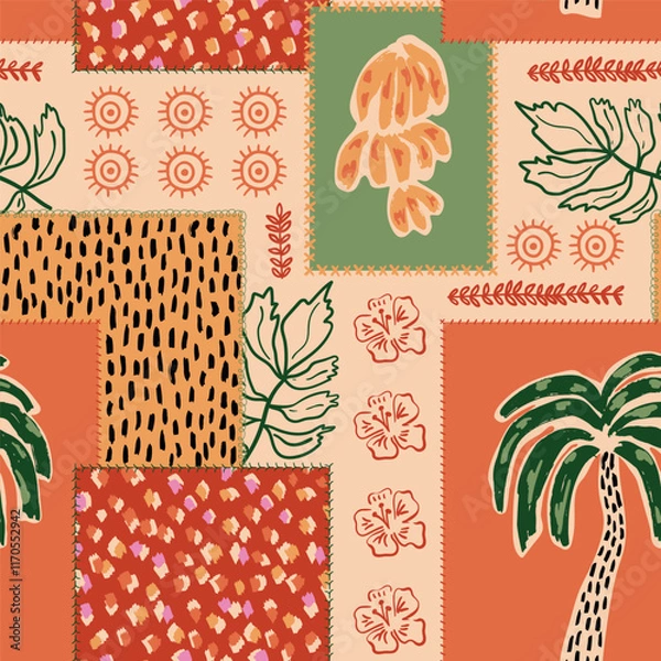 Fototapeta Tropical patchwork seamless pattern. Abstract ethnic vector print with hand drawn palm tree, bananas. Jungle summer beach wallpaper. Hawaiian tribal elements, hibiscus, leopard spots illustration.