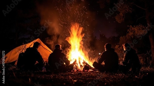 Fototapeta Fire flames rising and moving at dark night in dark blurred background. Camping fire suitable backdrop