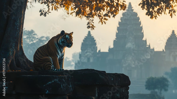 Obraz A tiger sitting majestically under a banyan tree, with an ancient temple as the background, during a misty morning
