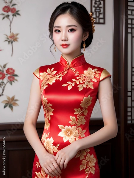 Fototapeta Elegant Red Cheongsam with Floral Embroidery Generative AI