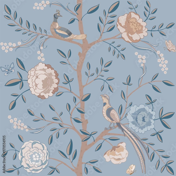 Obraz Chinoiserie style floral seamless pattern on blue background.