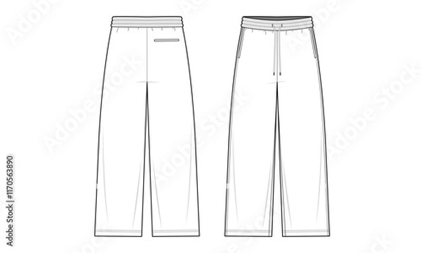 Fototapeta Track pants technical fashion illustration. Track pants vector template illustration. front and back view. Relaxed fit. Elastic waistband. Sports wear. white color. CAD mockup.