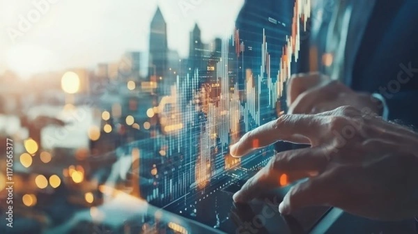 Fototapeta Cityscape Businessman Analyzing Financial Data on Tablet