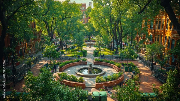 Obraz Gramercy Park's lush greenery and fountain viewed from above.