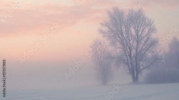 Fototapeta Frosty Trees in a Misty Winter Dawn Landscape
