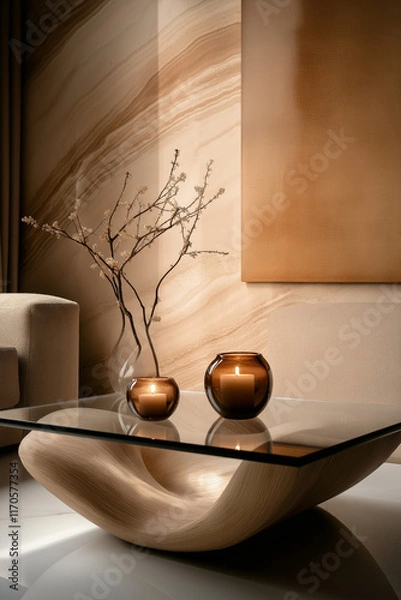 Fototapeta Minimalistic coffee table in the interior made of glass and natural wood materials.