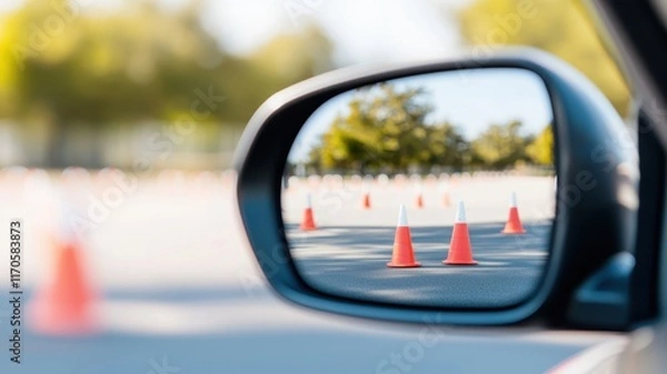 Obraz Reflection of traffic cones in a car's side mirror during a driving lesson.