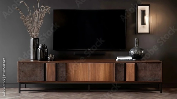 Fototapeta Modern dark wood media console with TV, vases, and decor in a minimalist living room.
