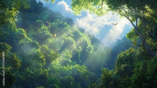 Fototapeta Nature meditation experience in a lush rainforest rich with exotic birds and animals misty atmosphere adventure awaits