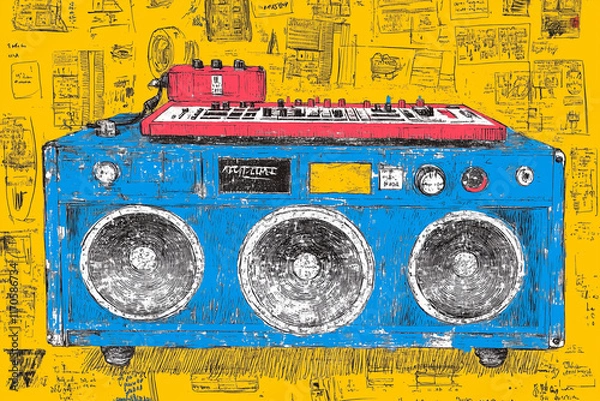 Fototapeta sneaky sound, sub woofer, hifi system, retro, ghetto blaster, cassette futurism, baroque pop art, hypermaximalist, hyperdetailed, cel shading, cartoon style, matt bors, studio ghibli, surreal, comic