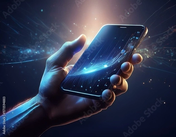 Fototapeta Hand Holding Smartphone with Futuristic Technology and Digital Light Effects"