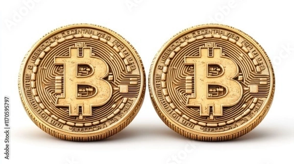 Fototapeta Two gold-colored Bitcoin coins displayed against a white background.