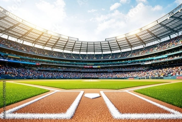 Fototapeta View of a baseball field from home plate perspective, vibrant crowd in a large stadium under a sunny sky, emphasizing sports and excitement. Ai generative
