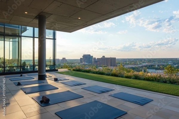 Fototapeta Rooftop yoga class with panoramic urban views cityscape outdoor activity scenic environment elevated perspective mindfulness practice