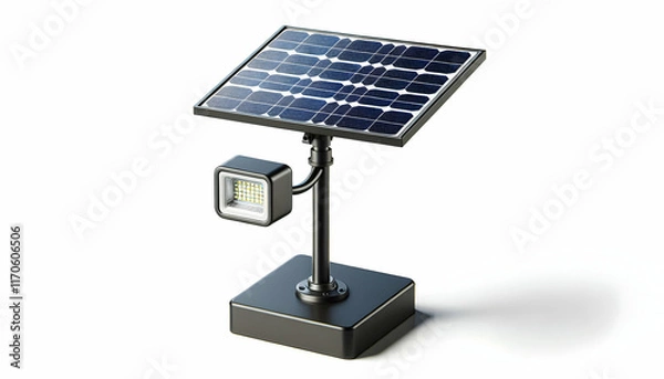 Fototapeta PLANET A small solar panel with glossy photovoltaic cells mounted horizontally on a tall black pole, a comp2