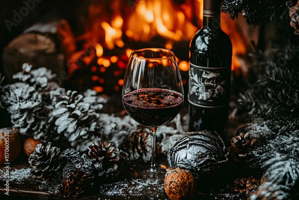 Fototapeta Cozy winter scene with a glass of red wine by a fireplace, surrounded by pine cones dusted with snow. Perfect for holiday-themed content.