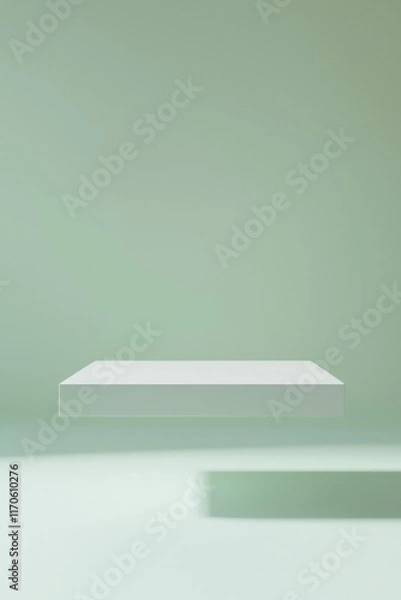 Fototapeta A white rectangular platform floating in the air, with a light green background