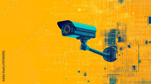 Fototapeta Surveillance camera monitoring on yellow background, AI security and control