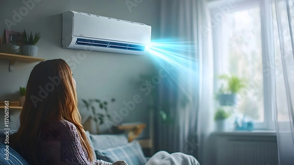 Fototapeta Woman who's sitting on sofa under warm plaid in living room switches off her air conditioner on wall. Young girl adjusting modern AC system, regulating temperature and enjoying cool fresh air at home