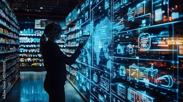 Fototapeta Woman using digital interface in supermarket, showing global data analytics for retail business.