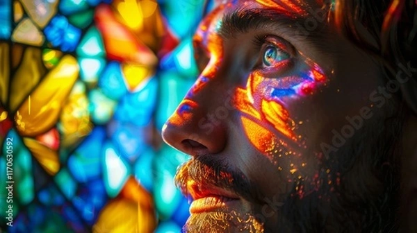 Fototapeta Man with stained glass light on face. Intricate details spiritual expression vibrant colors for religious inspirational or abstract themes.