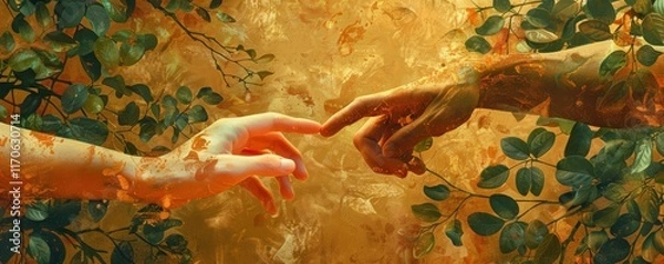 Fototapeta Artistic hand touch golden textured background with organic leaves. Creation connection concept perfect for creative spiritual or conceptual projects.