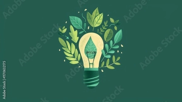Fototapeta An illustration of a light bulb filled with green plants and leaves.