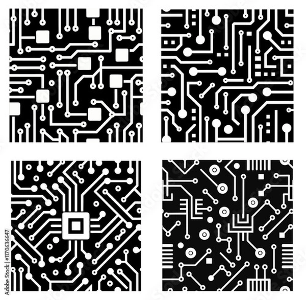 Obraz Printed circuit board black and white computer technology seamless pattern. vector illustration
