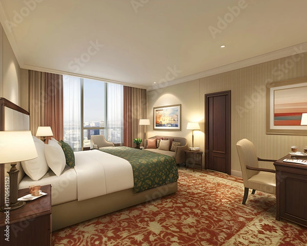 Fototapeta Luxurious hotel room with city view, featuring a king-size bed, comfortable seating, and a spacious work desk. Ideal for travel, accommodation, and hospitality marketing.