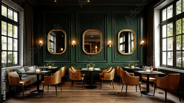 Obraz Empty elegant restaurant interior with dark green walls, gold details, and black tables.