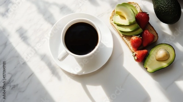 Fototapeta Elegant Breakfast with Coffee, Avocado, Toast, and Strawberries on Marble Surface