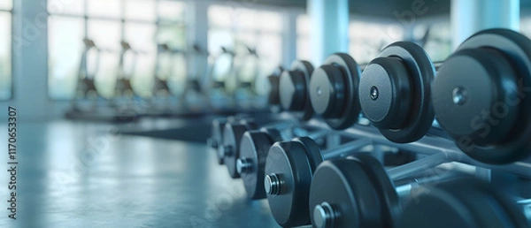 Obraz Close-Up of a Row of Dumbbells in a Modern Gym Environment with Bright Natural Lighting and Cardio Equipment in Background