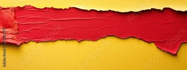 Obraz Pale Yellow Torn Paper with Vibrant Red Sheet, Minimalist Design, Striking Contrast, Centered for Text Placement