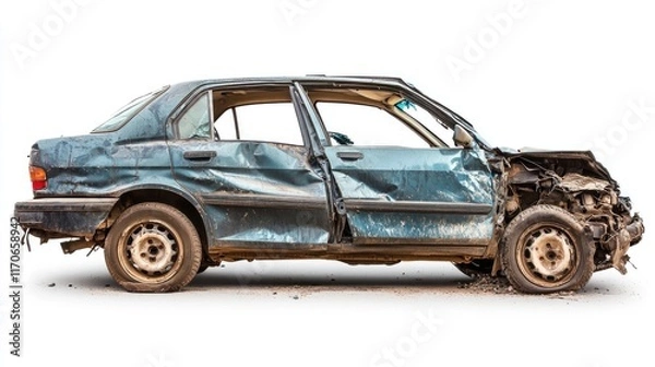 Fototapeta A wrecked car displayed on a white background for insurance and repair claim illustrations.