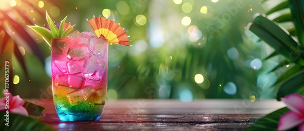 Fototapeta Colorful Tropical Cocktail with Umbrella and Fruits on Wooden Table Surrounded by Blurred Greenery and Bokeh Lights