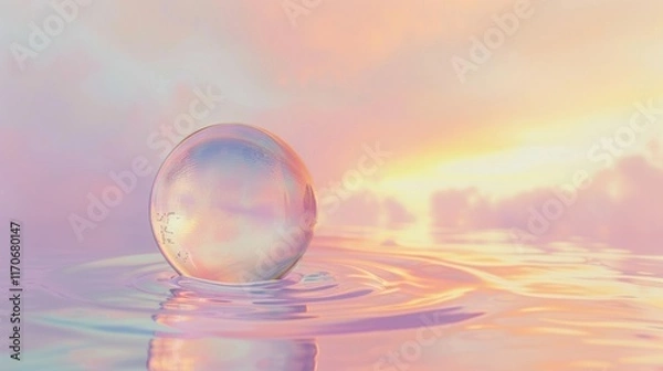 Fototapeta Soft pastel colors surrounding a delicate water bubble, shimmering against a gradient of sunset hues blending from apricot to soft coral.