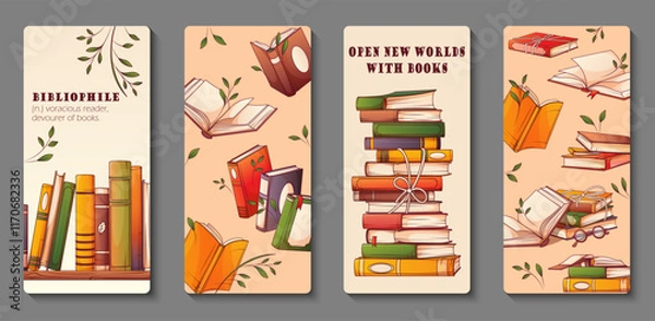 Fototapeta Vector set of vertical banner with illustration of stack of books, standing books, open book.