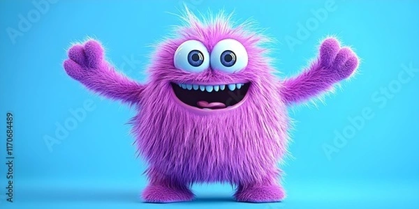 Fototapeta A cute, fluffy purple monster with big eyes and a wide grin, posing happily against a bright blue background. Concept Cute Purple Monster, Fluffy Creature, Big Eyes, Bright Blue Background