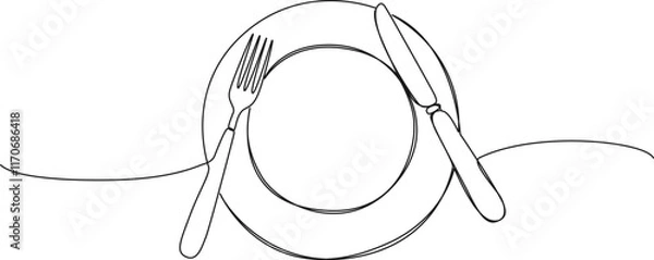 Obraz continuous line drawing of fork and knife on plate, line art vector illustration